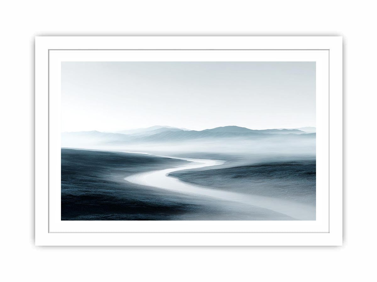 Misty blue gray mountain valley with winding river for calm modern living room decor.
