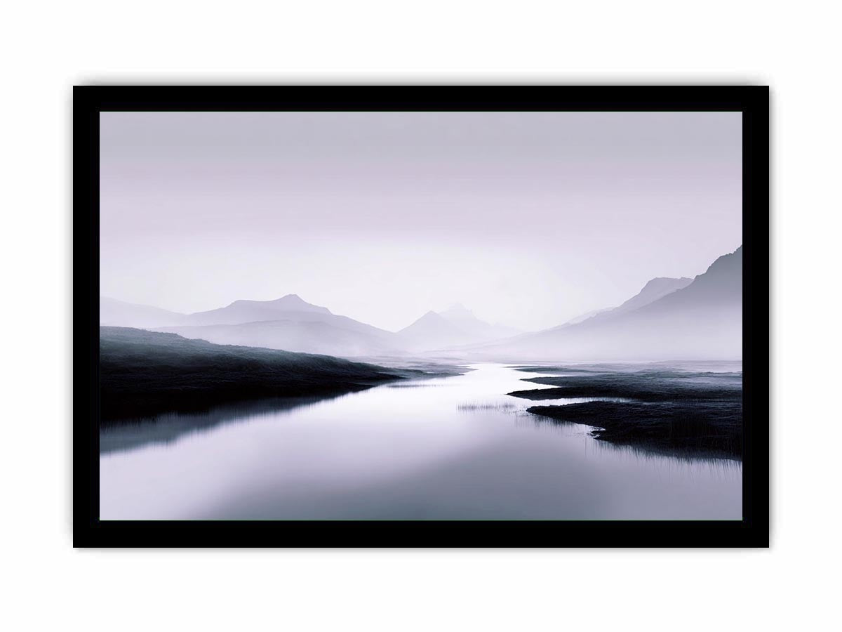 Misty lavender mountain lake with soft reflections for peaceful bedroom wall decor.