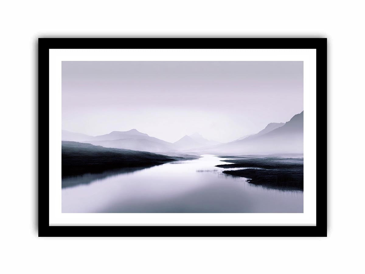 Misty lavender mountain lake with soft reflections for peaceful bedroom wall decor.