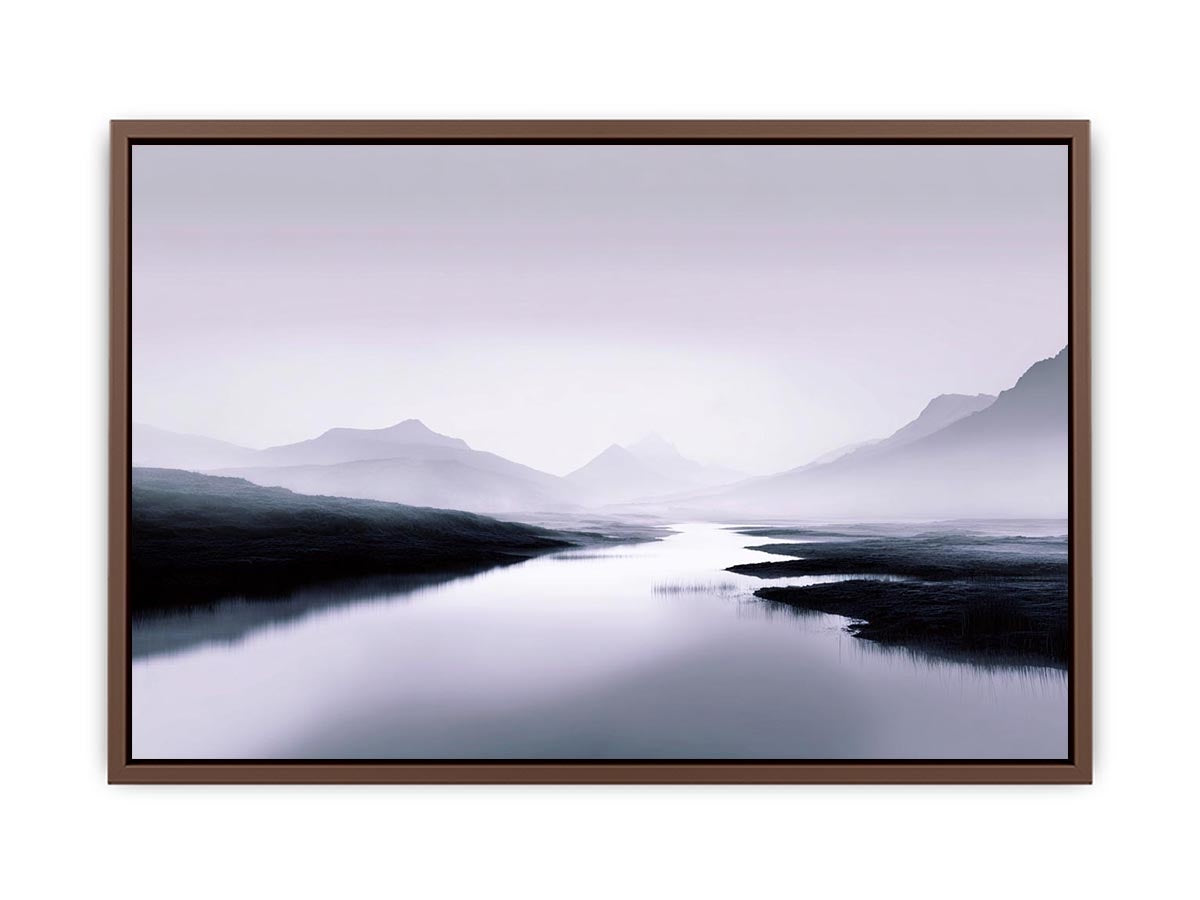Misty lavender mountain lake with soft reflections for peaceful bedroom wall decor.