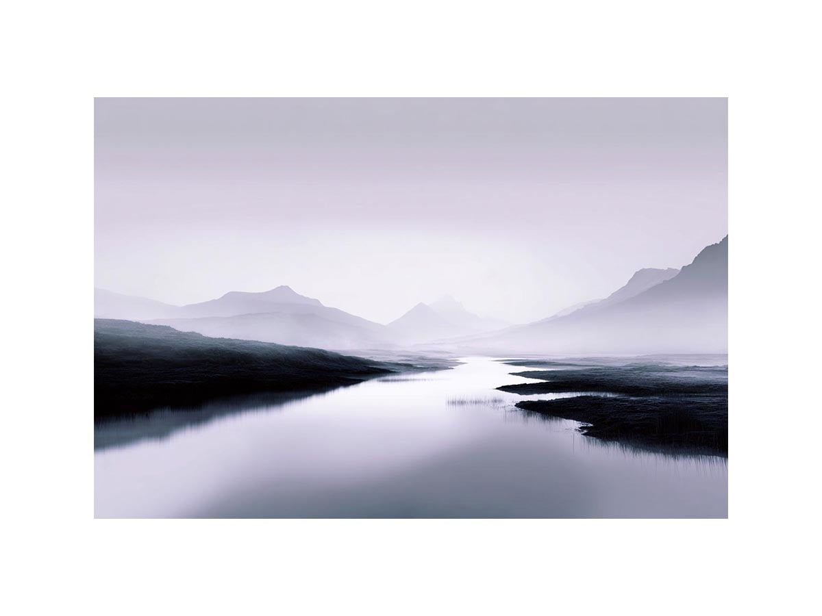 Misty lavender mountain lake with soft reflections for peaceful bedroom wall decor.