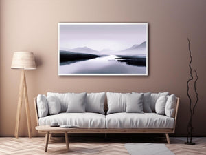 Misty lavender mountain lake with soft reflections for peaceful bedroom wall decor.