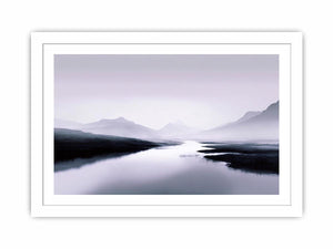 Misty lavender mountain lake with soft reflections for peaceful bedroom wall decor.