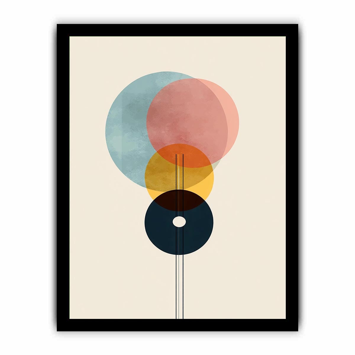 Geometric abstract circles in blue rose yellow and navy for modern office decor.