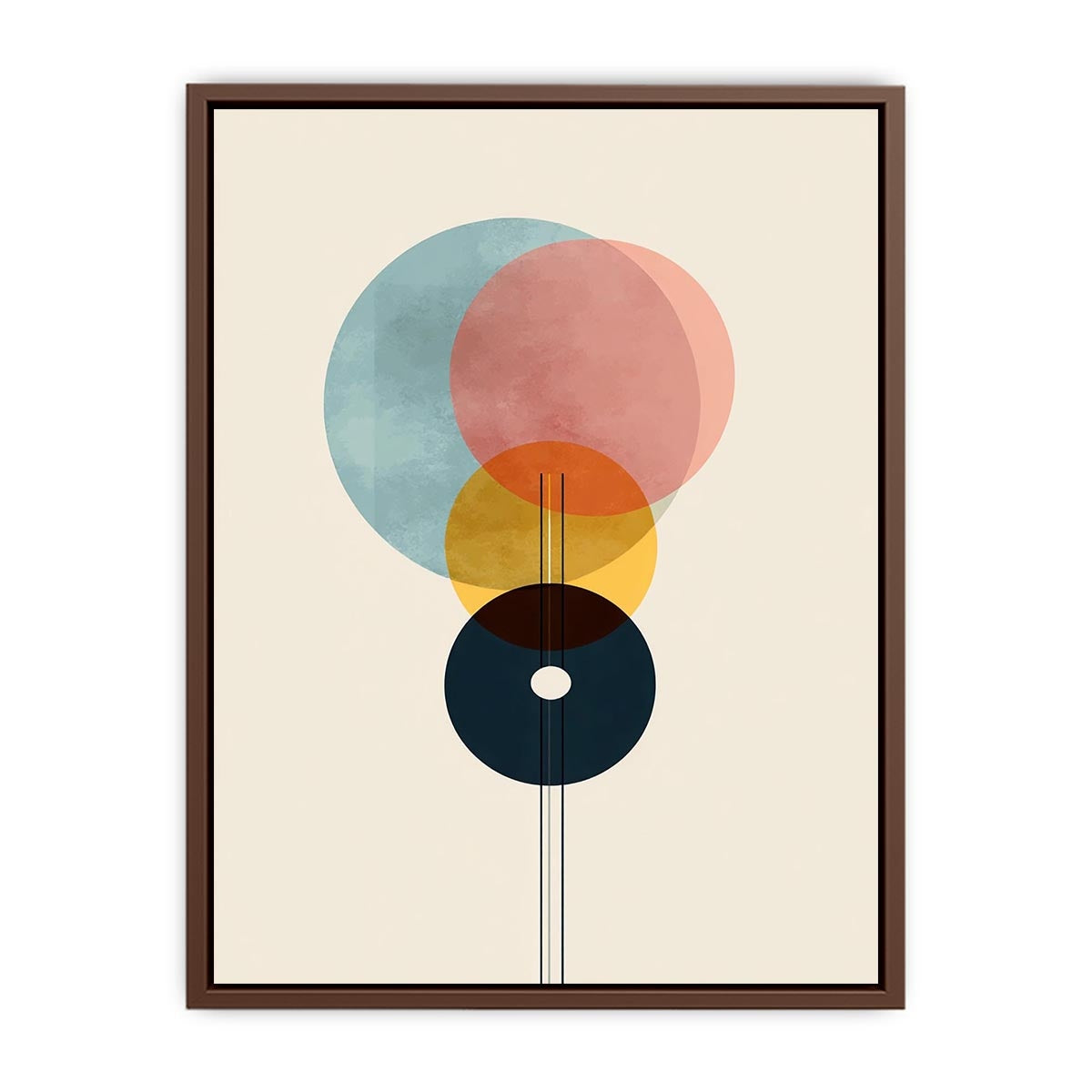 Geometric abstract circles in blue rose yellow and navy for modern office decor.