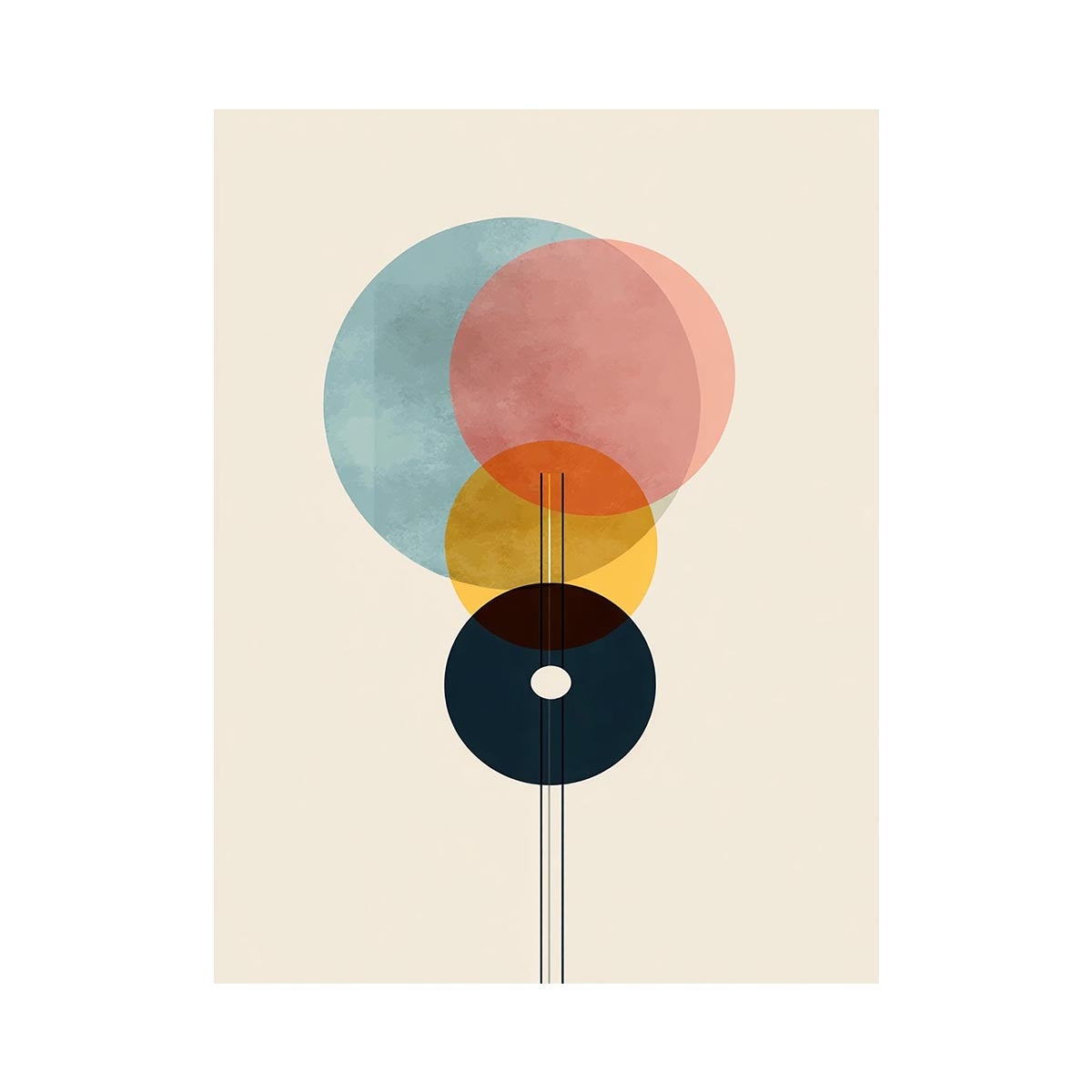 Geometric abstract circles in blue rose yellow and navy for modern office decor.