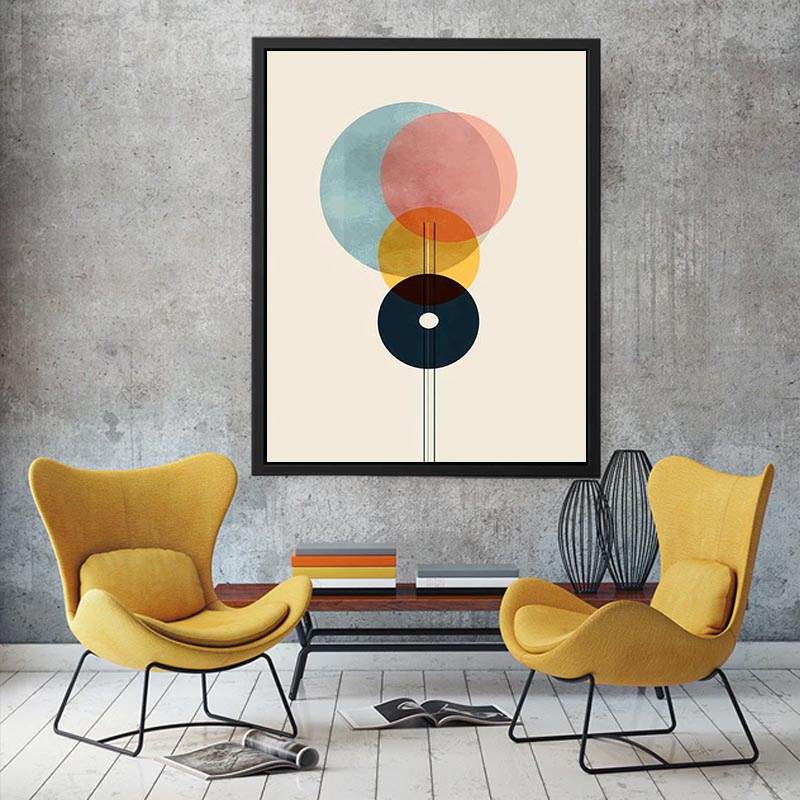 Geometric abstract circles in blue rose yellow and navy for modern office decor.