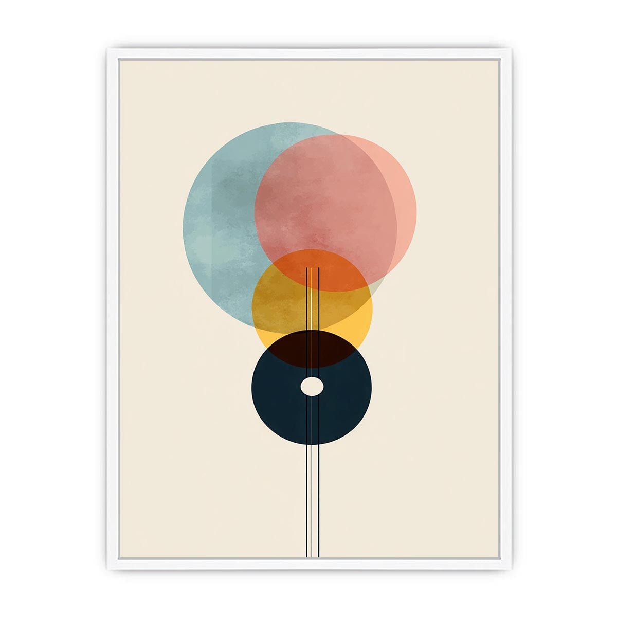 Geometric abstract circles in blue rose yellow and navy for modern office decor.