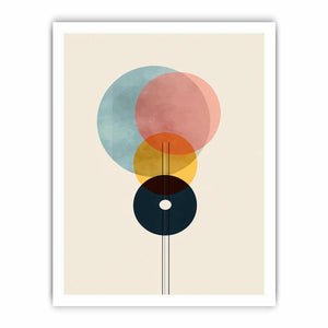 Geometric abstract circles in blue rose yellow and navy for modern office decor.