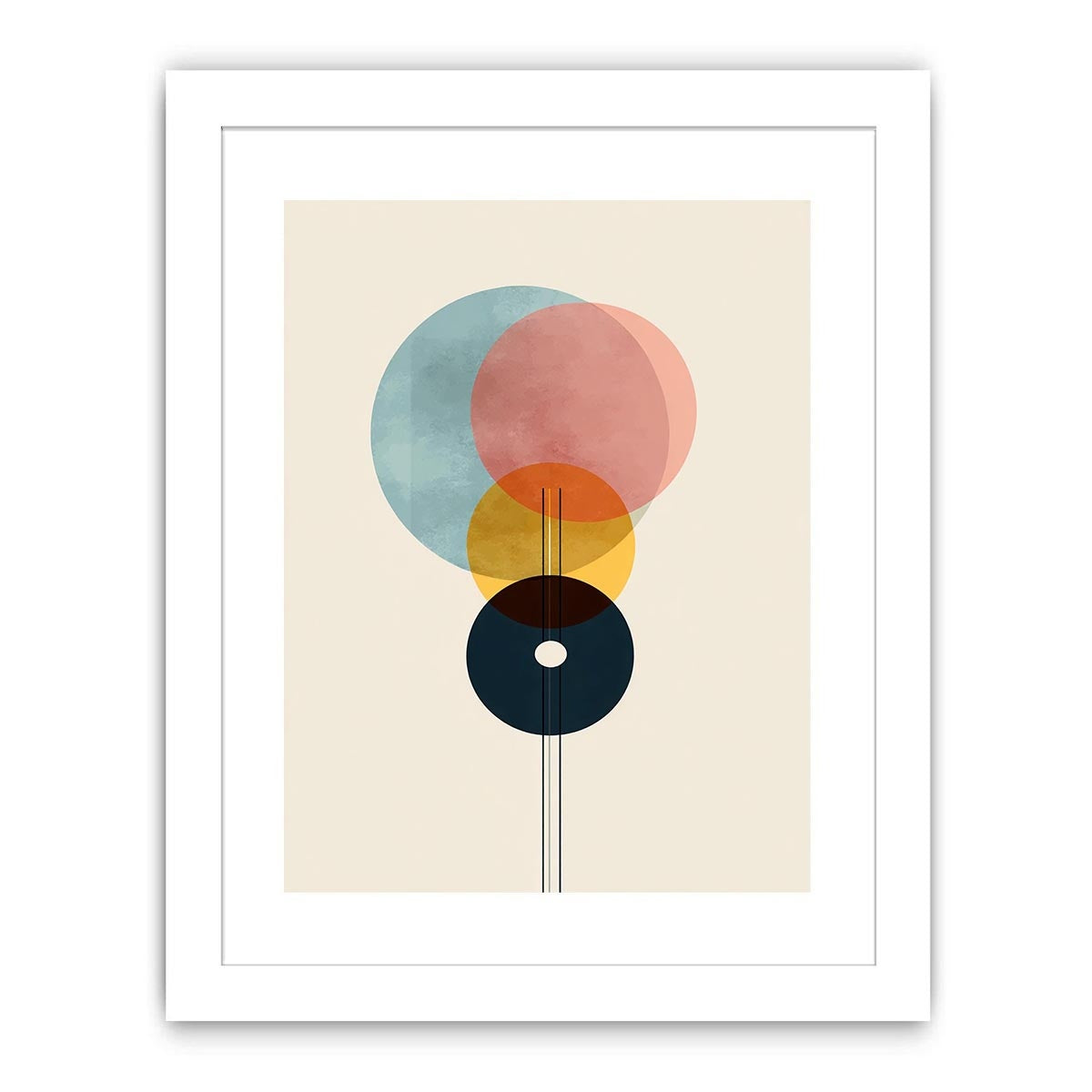 Geometric abstract circles in blue rose yellow and navy for modern office decor.