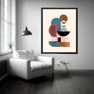 Bold geometric abstract arches and circles for modern living room wall decor.