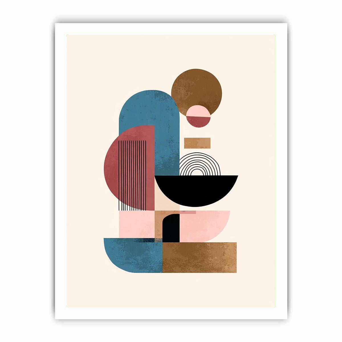 Bold geometric abstract arches and circles for modern living room wall decor.