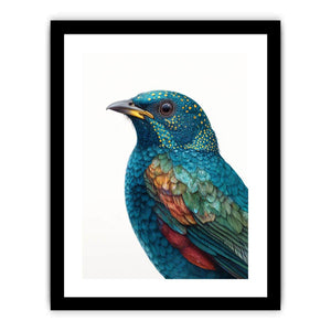 Teal and emerald bird portrait with detailed feathers for elegant nature wall decor.