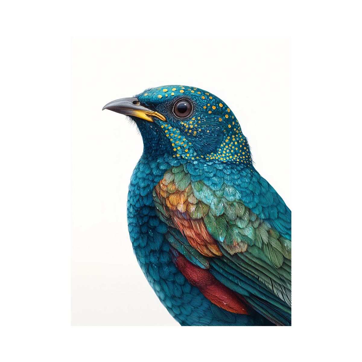 Teal and emerald bird portrait with detailed feathers for elegant nature wall decor.