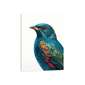 Teal and emerald bird portrait with detailed feathers for elegant nature wall decor.