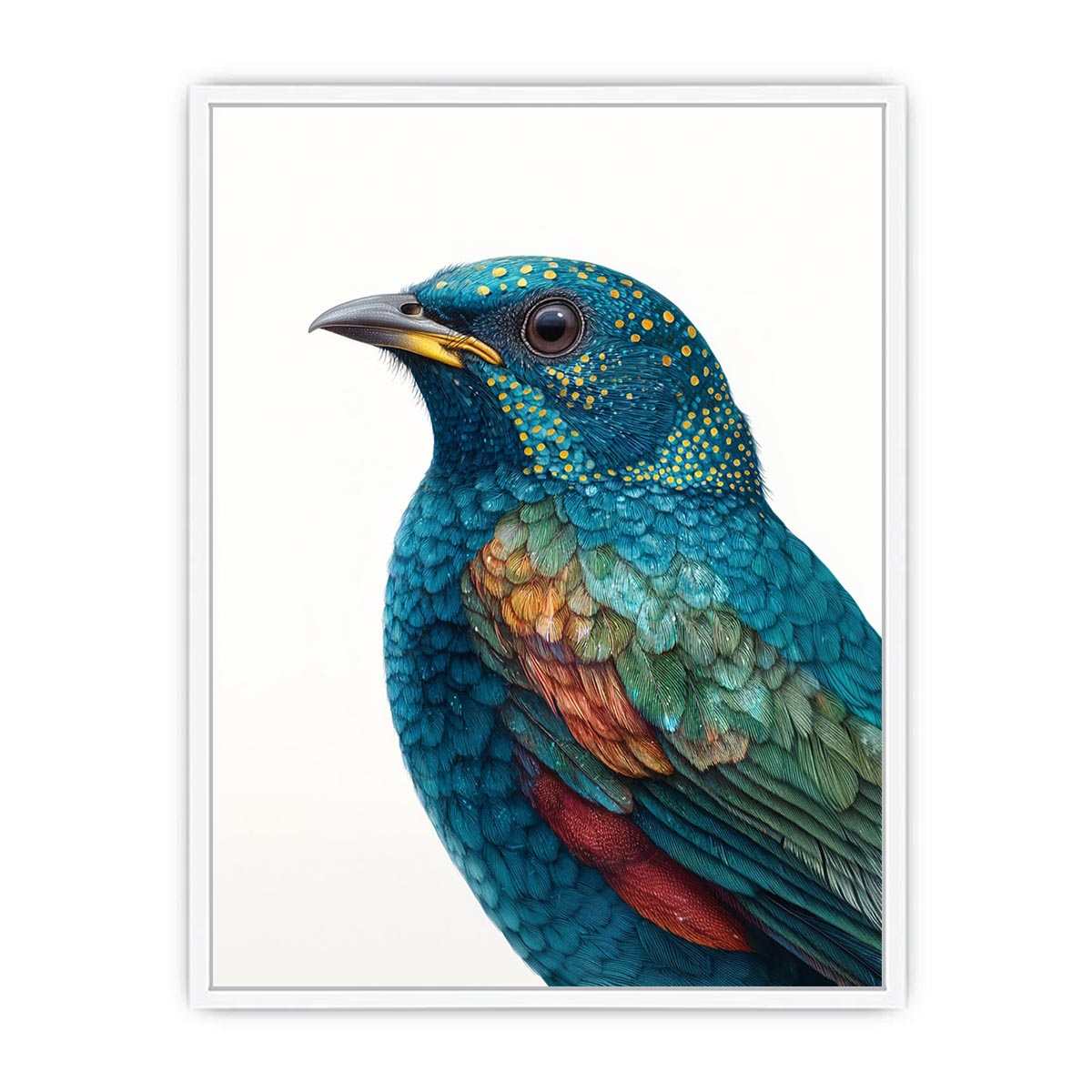 Teal and emerald bird portrait with detailed feathers for elegant nature wall decor.
