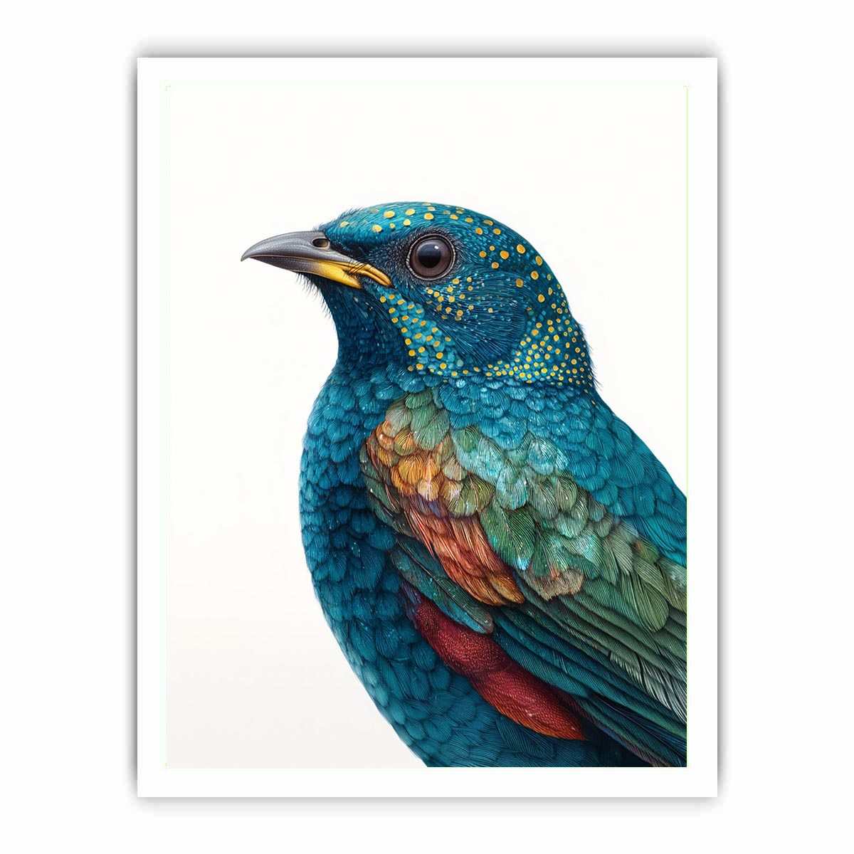 Teal and emerald bird portrait with detailed feathers for elegant nature wall decor.