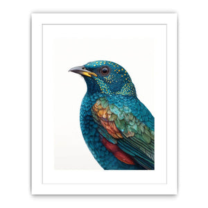 Teal and emerald bird portrait with detailed feathers for elegant nature wall decor.