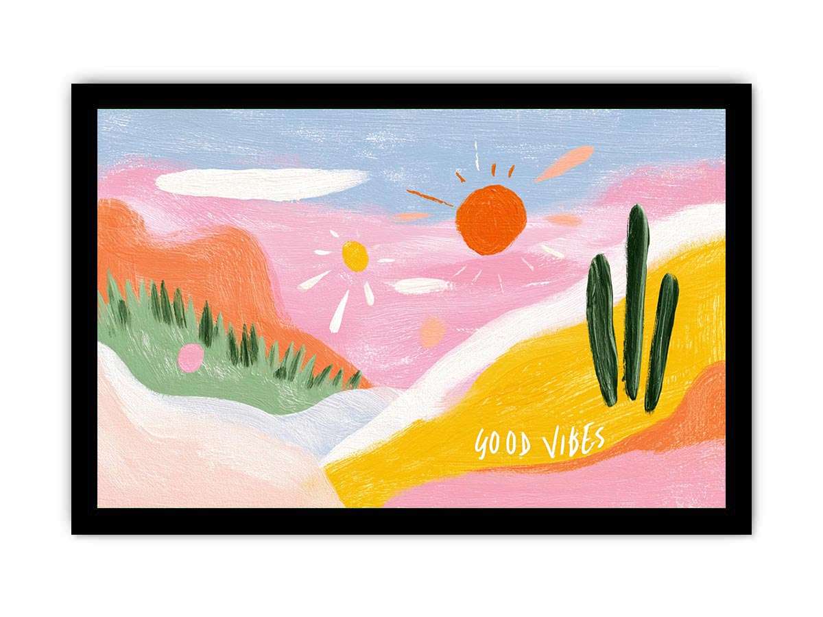 Colorful good vibes desert cactus painting for cheerful bedroom or kids room decor.