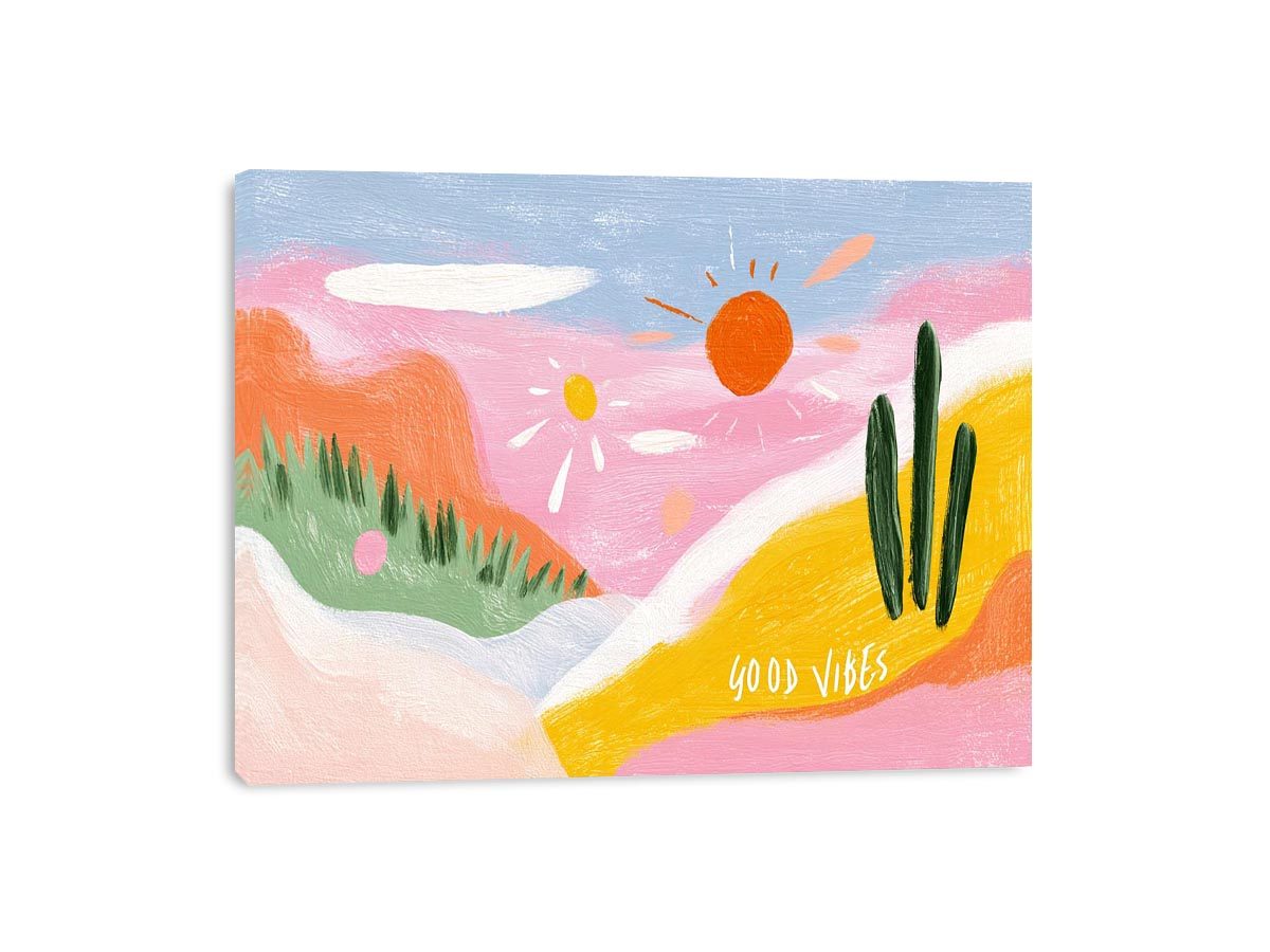 Colorful good vibes desert cactus painting for cheerful bedroom or kids room decor.