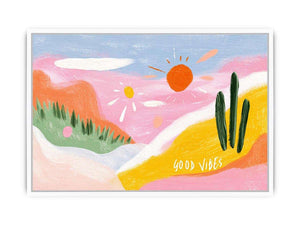 Colorful good vibes desert cactus painting for cheerful bedroom or kids room decor.