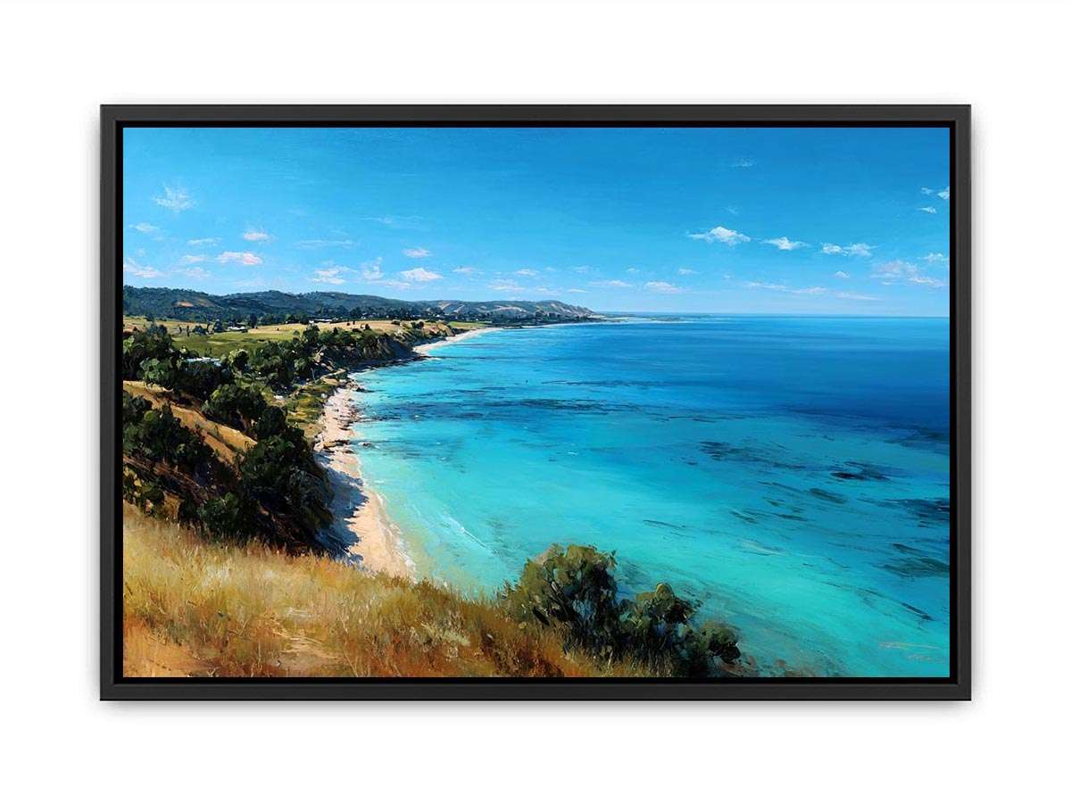 Turquoise coastal ocean landscape with cliffs and beach for bright living room decor.