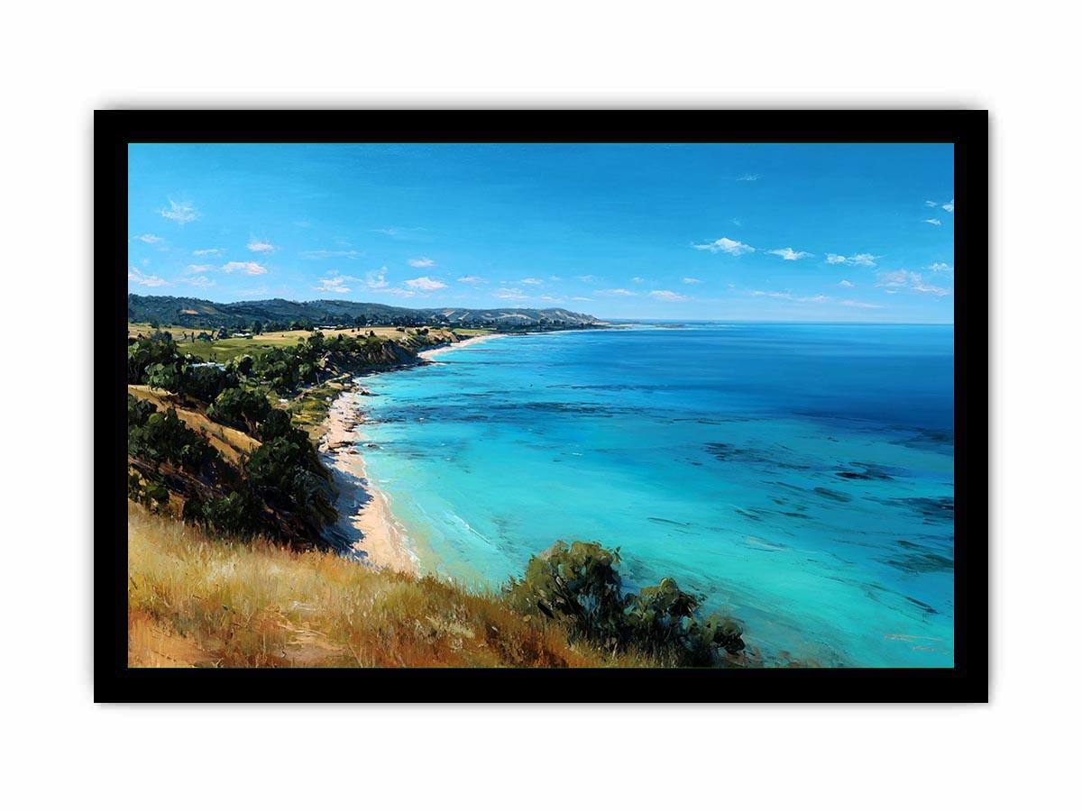 Turquoise coastal ocean landscape with cliffs and beach for bright living room decor.