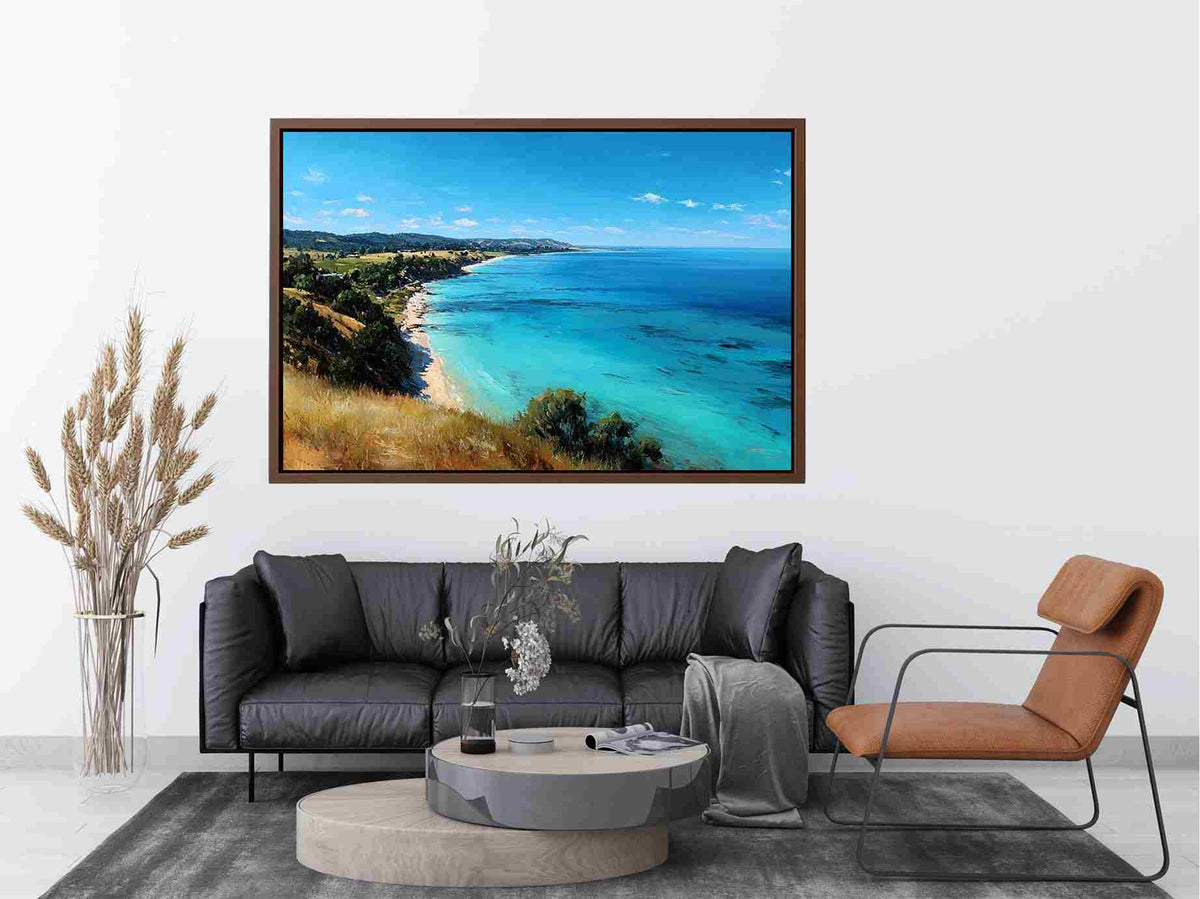 Turquoise coastal ocean landscape with cliffs and beach for bright living room decor.