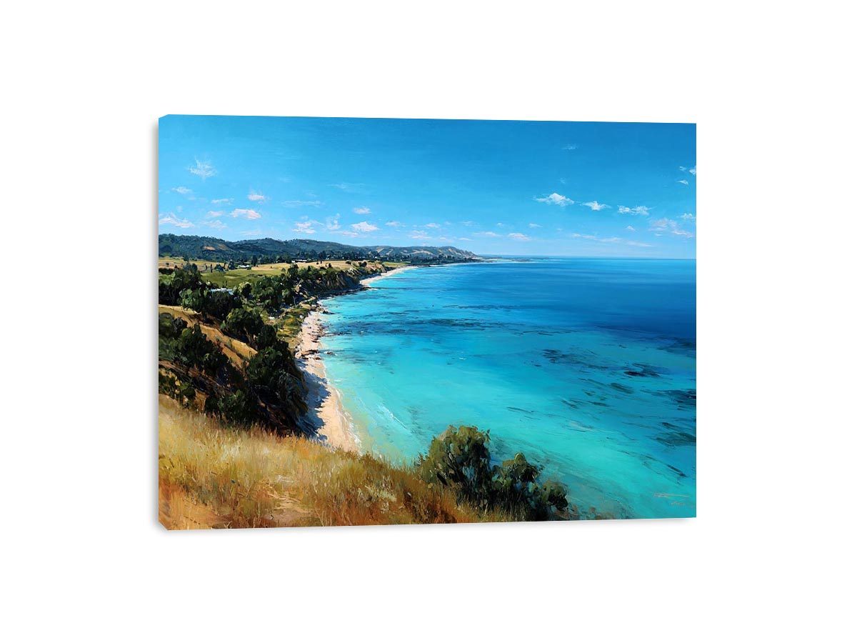 Turquoise coastal ocean landscape with cliffs and beach for bright living room decor.