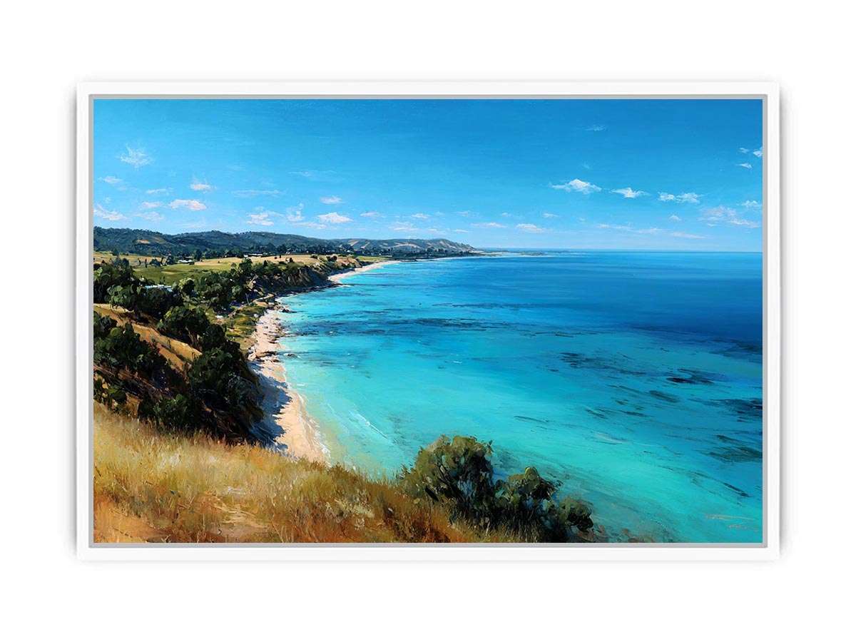 Turquoise coastal ocean landscape with cliffs and beach for bright living room decor.