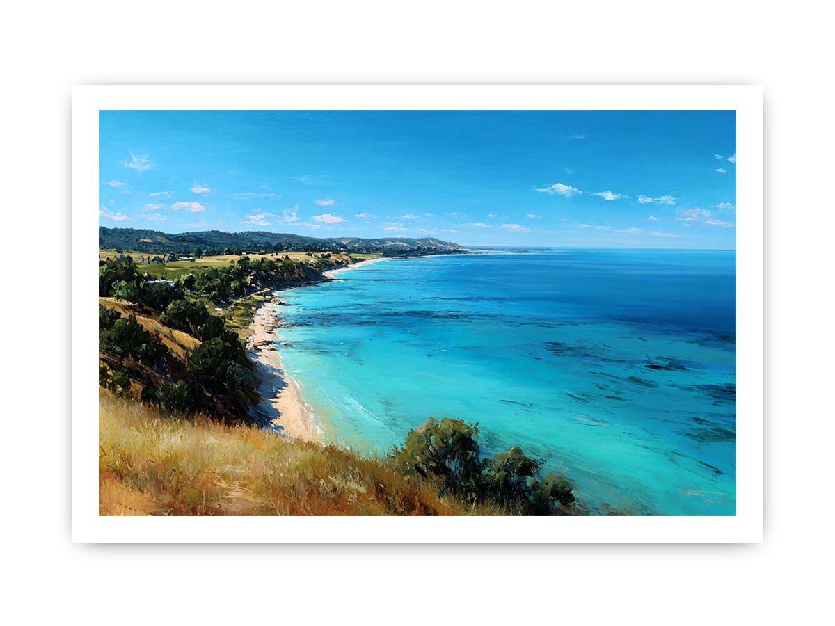 Turquoise coastal ocean landscape with cliffs and beach for bright living room decor.