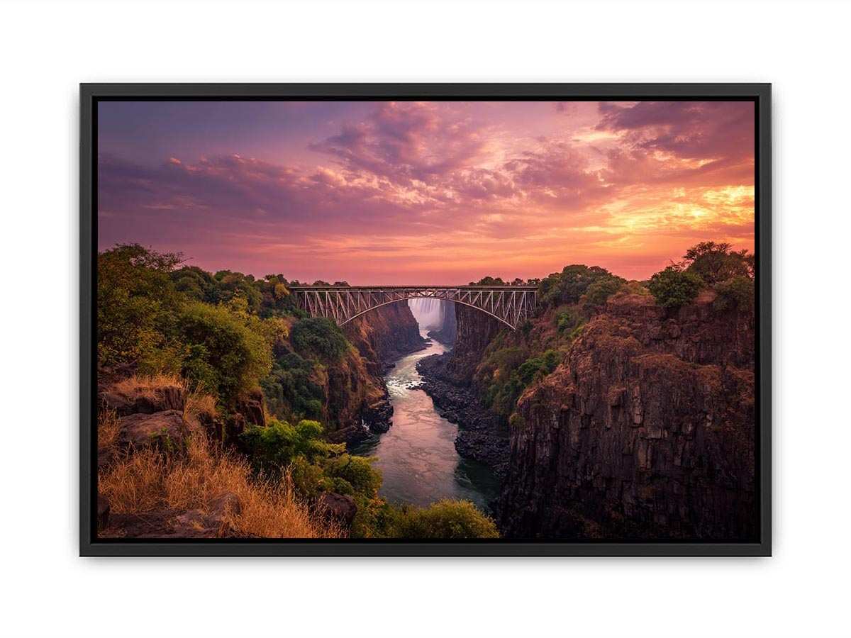 Sunset canyon bridge with river and waterfall for dramatic living room wall decor.