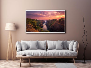 Sunset canyon bridge with river and waterfall for dramatic living room wall decor.