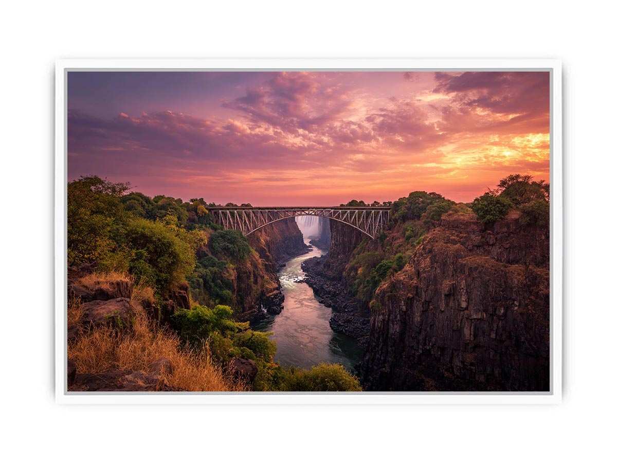 Sunset canyon bridge with river and waterfall for dramatic living room wall decor.