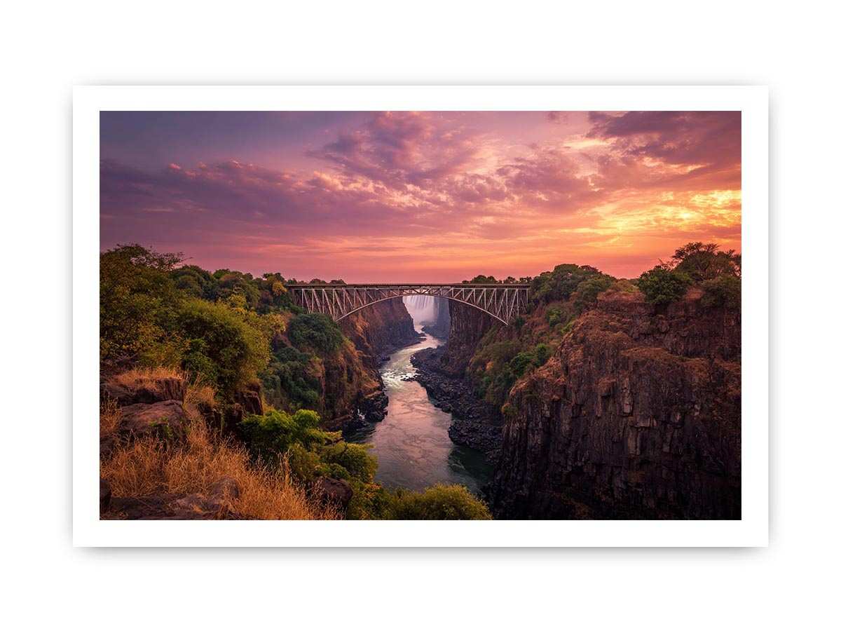 Sunset canyon bridge with river and waterfall for dramatic living room wall decor.