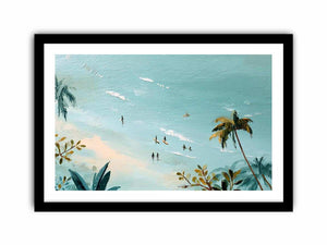 Tropical beach painting with tiny surfers and palm trees for coastal bedroom decor.