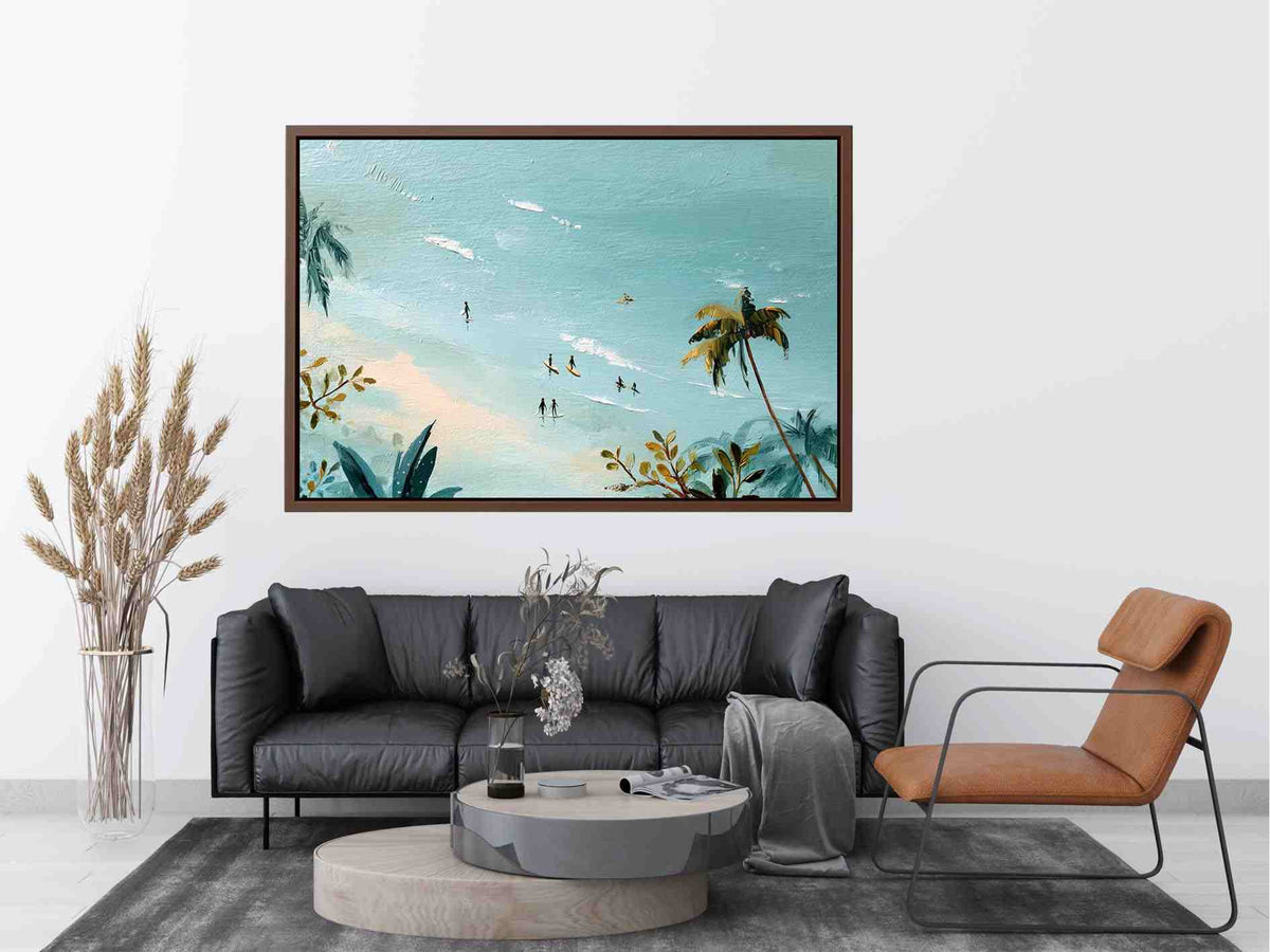 Tropical beach painting with tiny surfers and palm trees for coastal bedroom decor.