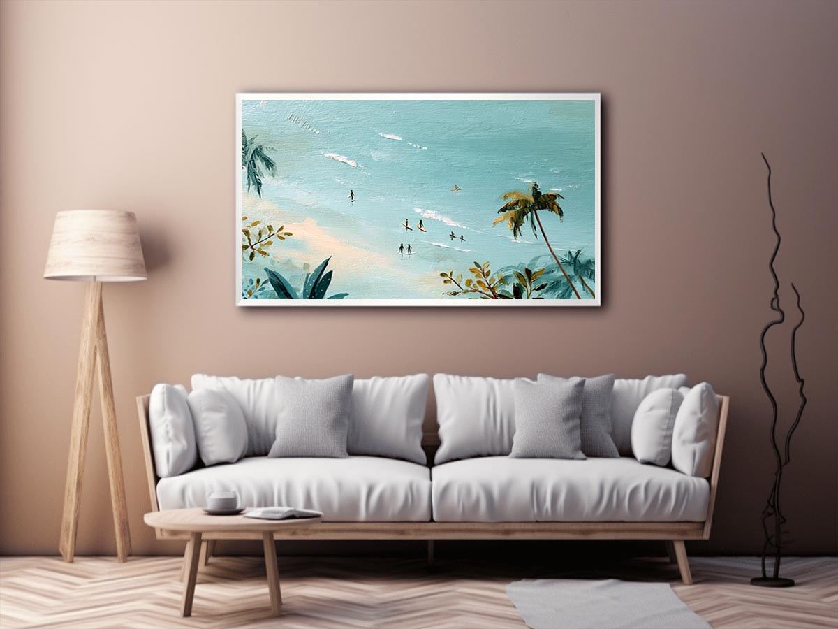 Tropical beach painting with tiny surfers and palm trees for coastal bedroom decor.