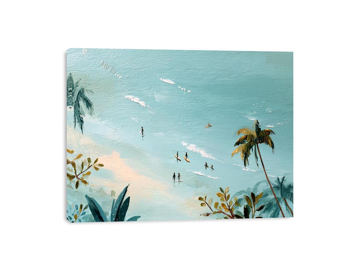 Tropical beach painting with tiny surfers and palm trees for coastal bedroom decor.