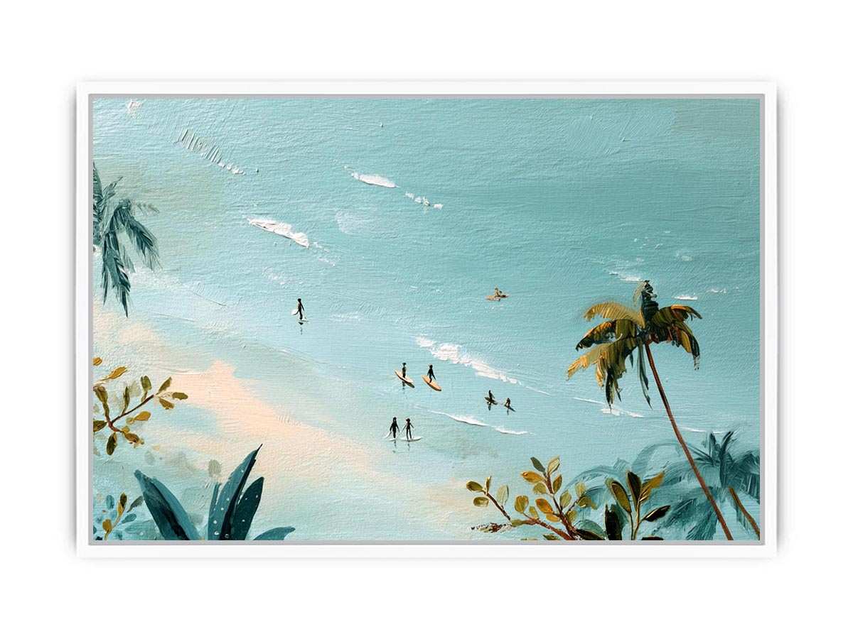 Tropical beach painting with tiny surfers and palm trees for coastal bedroom decor.