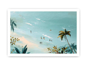 Tropical beach painting with tiny surfers and palm trees for coastal bedroom decor.