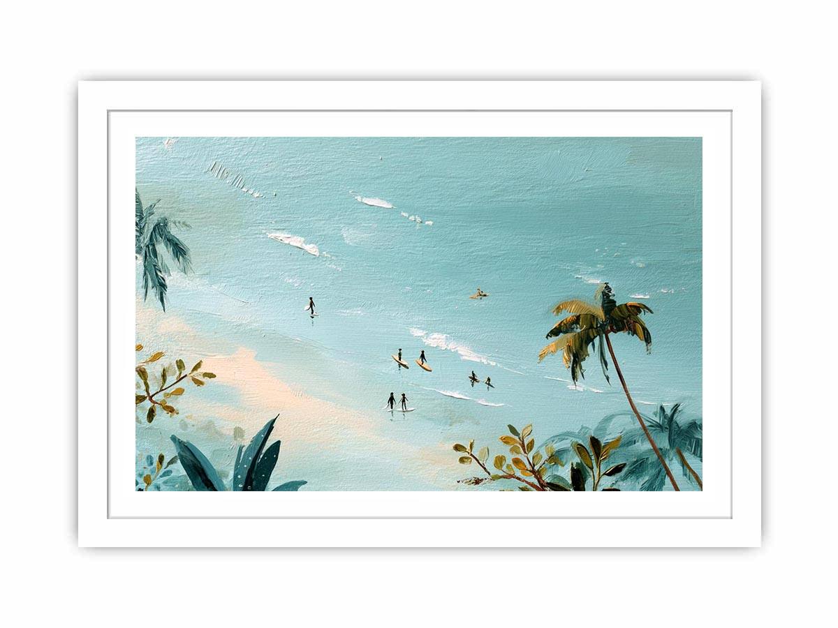 Tropical beach painting with tiny surfers and palm trees for coastal bedroom decor.