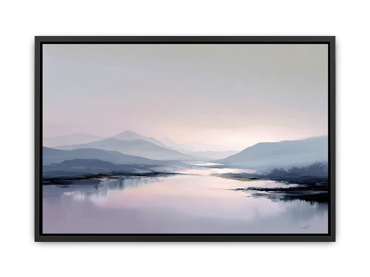 Pale mountain lake reflection in blue gray and blush tones for calm bedroom decor.