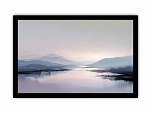 Pale mountain lake reflection in blue gray and blush tones for calm bedroom decor.