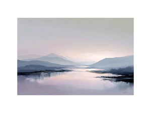 Pale mountain lake reflection in blue gray and blush tones for calm bedroom decor.