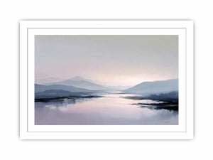 Pale mountain lake reflection in blue gray and blush tones for calm bedroom decor.