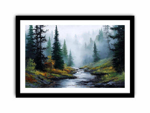 Misty forest stream landscape canvas art for calm modern living room decor.