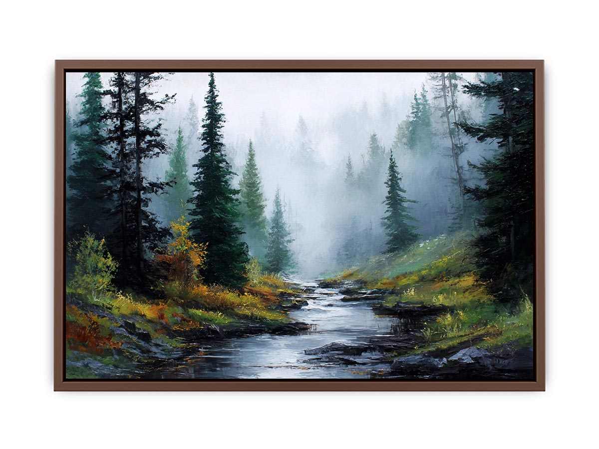 Misty forest stream landscape canvas art for calm modern living room decor.