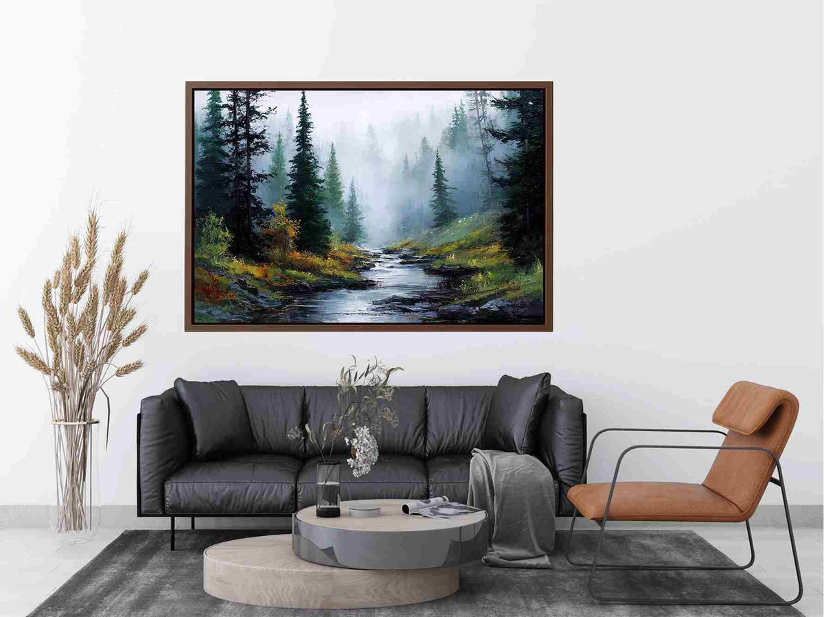 Misty forest stream landscape canvas art for calm modern living room decor.