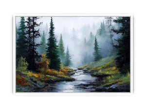 Misty forest stream landscape canvas art for calm modern living room decor.